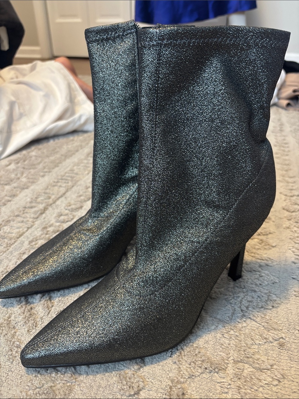 Marc Fisher Metallic Black Pointed Toe Sock Boots